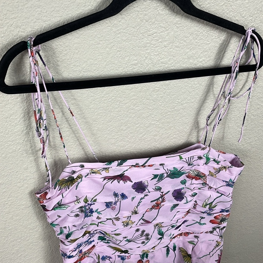 NWT AMUR Acacida Tie Shoulder Ruffle Midi Dress in Lilac Lily Dreamy Wildflower - Picture 7 of 16